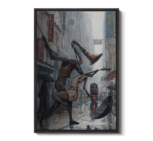 figures with instrument bodies dancing in a rainy street