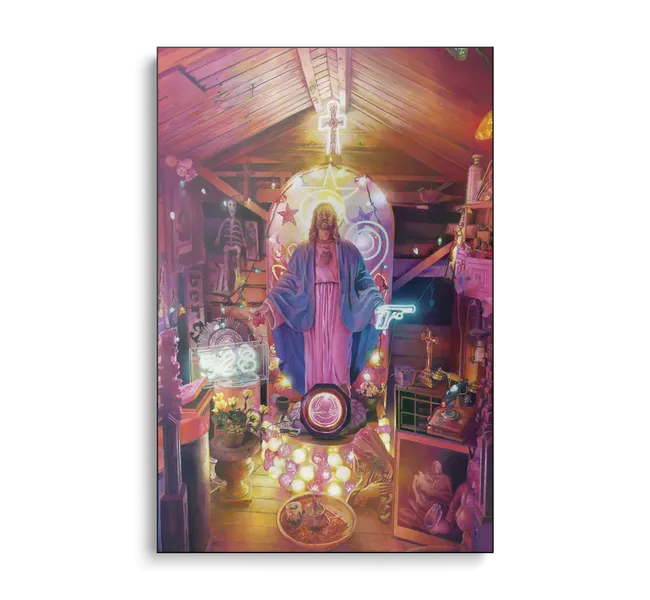 jesus surrounded by neon signs
