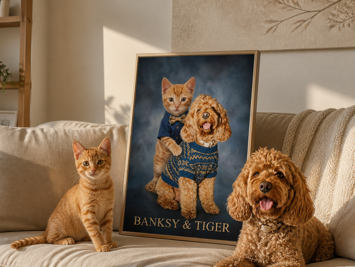cat and dog sitting on couch with artwork