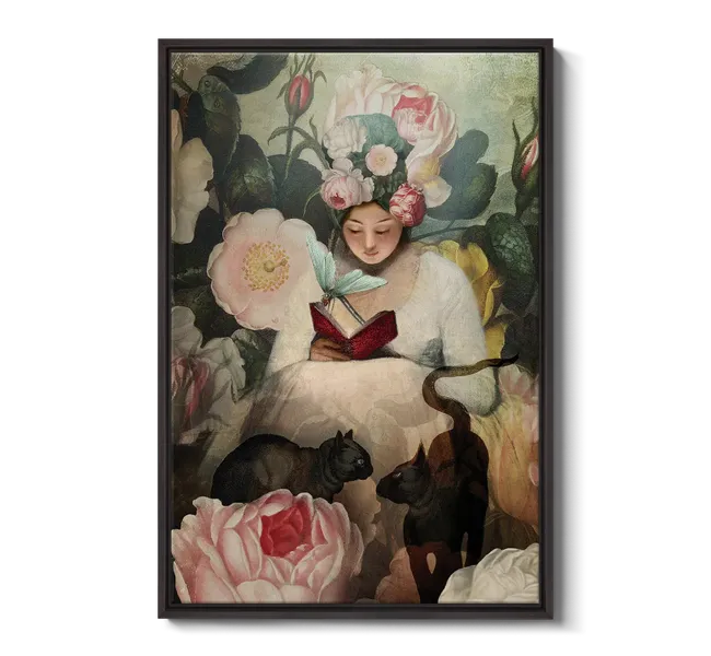 woman reading in chair surrounded by flowers and cats