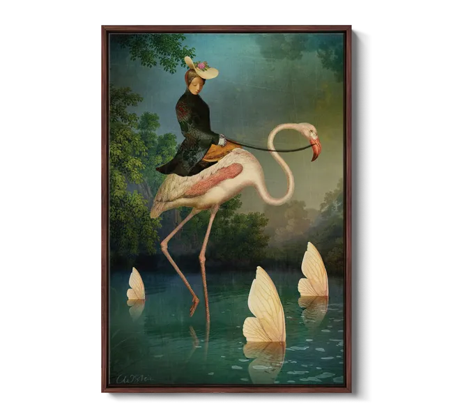 woman riding giant flamingo in water
