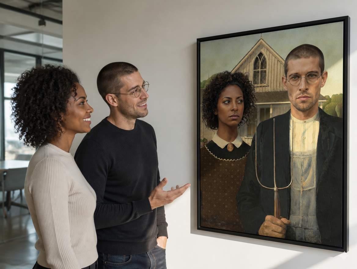 man and woman looking at artwork on wall