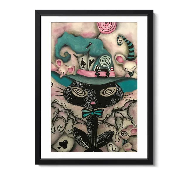 black cat with witches hat surrounded by mice