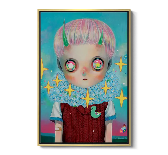 portrait of alien boy with glowing eyes, pink hair, and red shirt