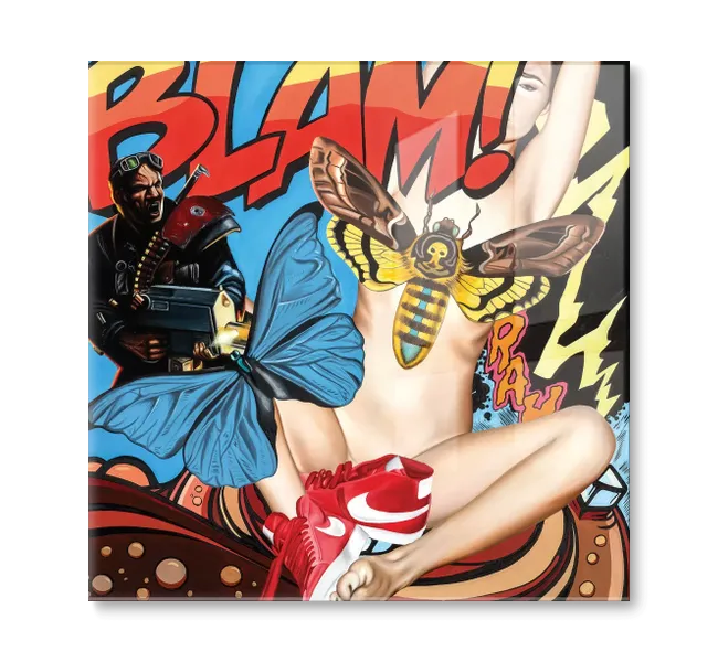 butterflies over woman's body and the word BLAM!