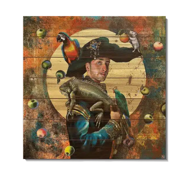 man in pirate hat holding birds and animals