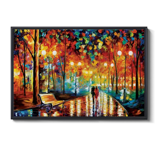 couple walking in rain with colorful trees
