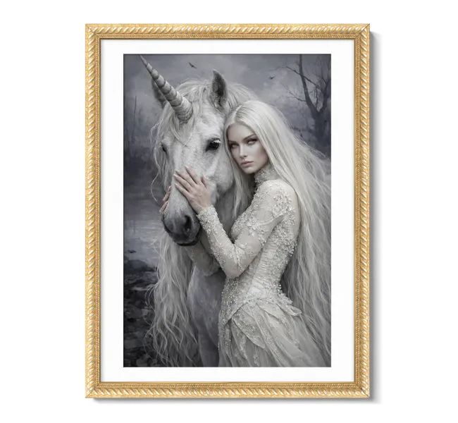 woman with long white hair holding unicorn's face