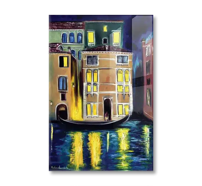 venice canal boat at night surrounded by buildings with lit up windows