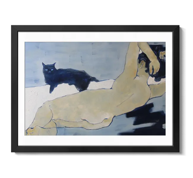 nude woman next to black cat