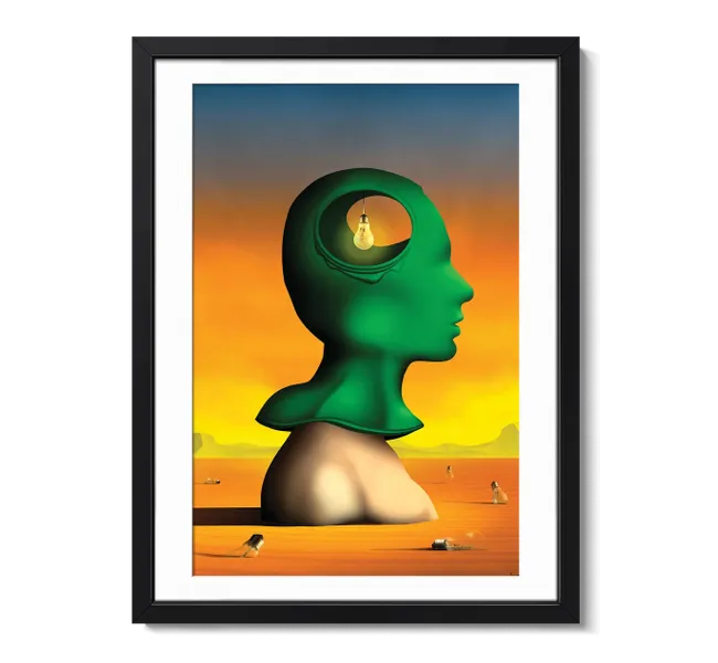 side profile of green face with light bulb in brain
