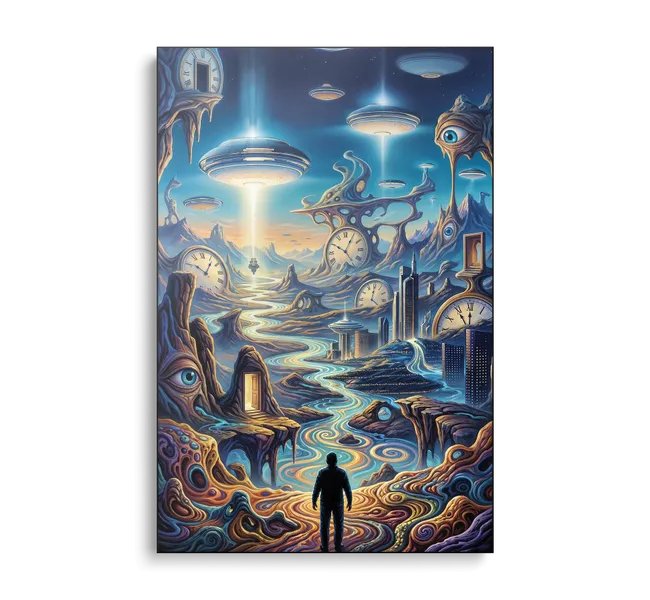 abstract landscape with clocks and swirly water
