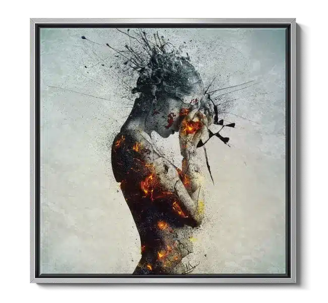 side profile of person with fire in cracked skin