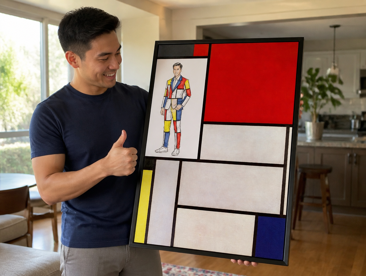 man giving thumbs up while looking at and holding artwork
