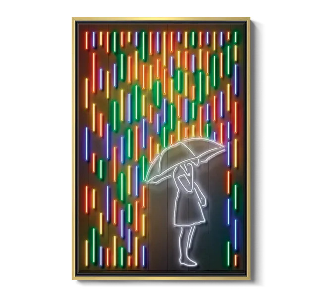 neon girl holding umbrella under colorful neon rain drops