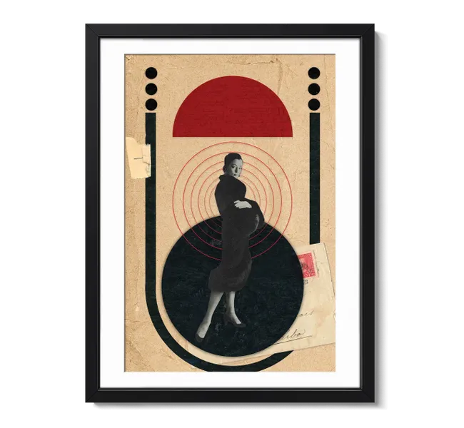 woman surrounded by black circle and red geometric shape