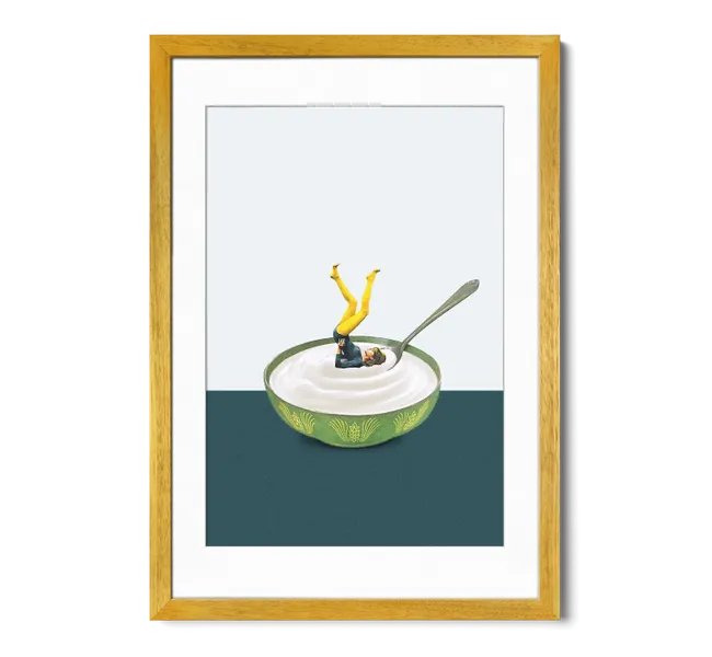 woman doing yoga pose in a bowl of yogurt