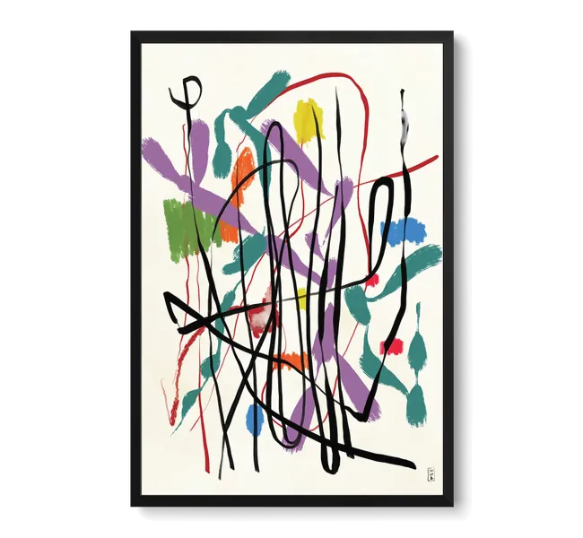 splashes of black, purple, green, and blue on white