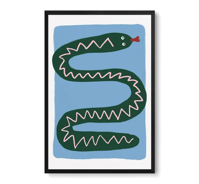 green snake with pattern against light blue background