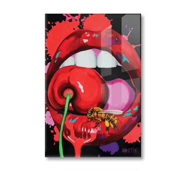 red lips biting into cherry with a bee