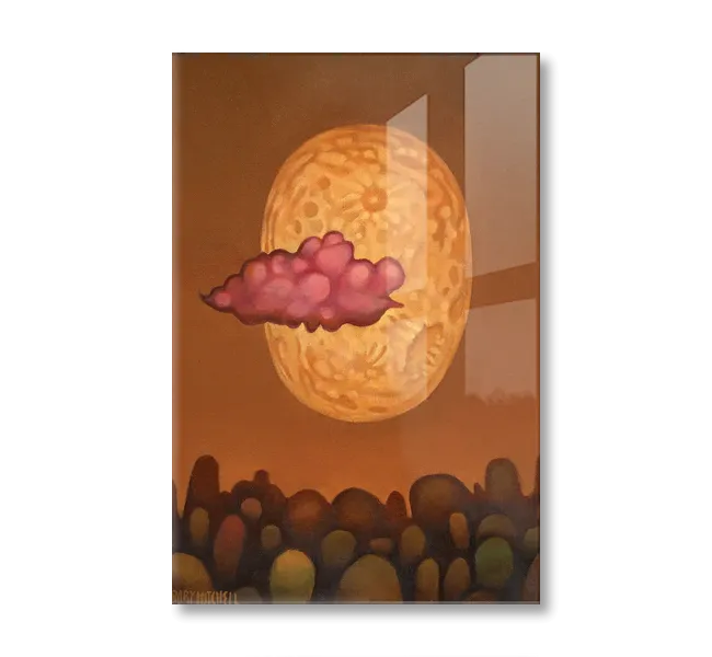 pink clouds with yellow circle in sky