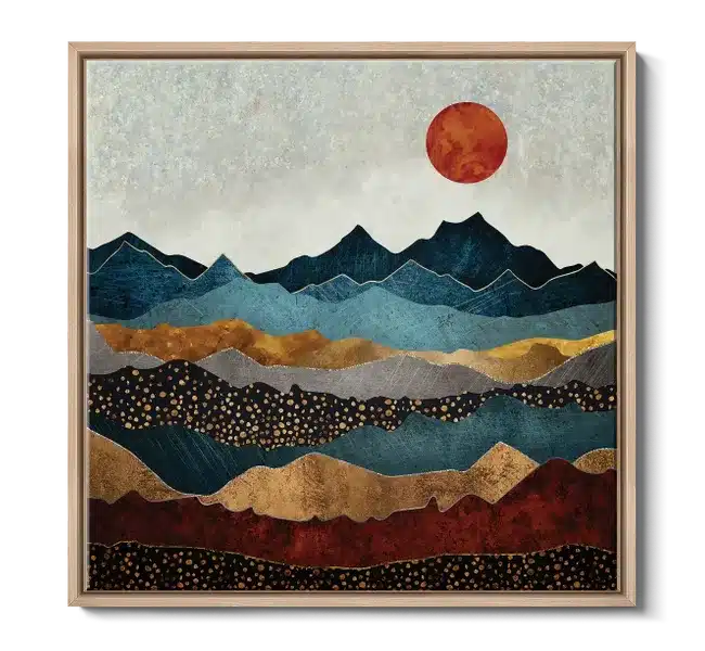 metallic mountains with red sun