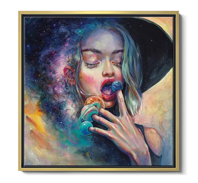 woman with galaxy hair holding planets on fingers