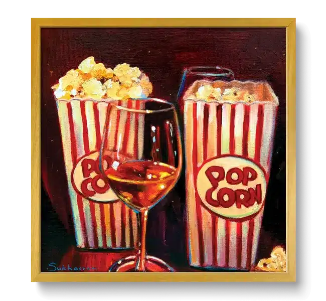 two buckets of popcorn with glass of wine