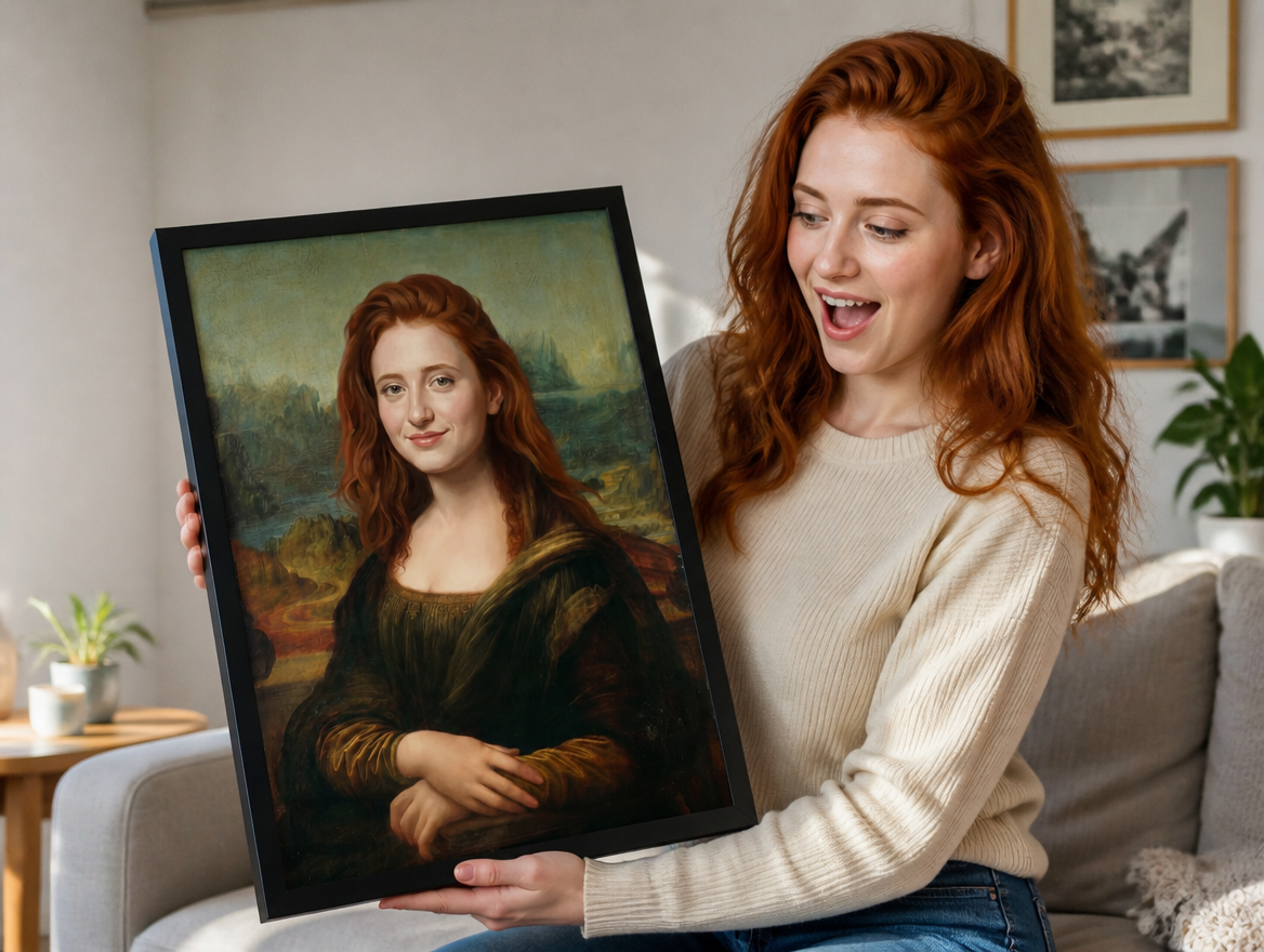 turn a photo into a painting - woman holding painting of portrait featuring woman