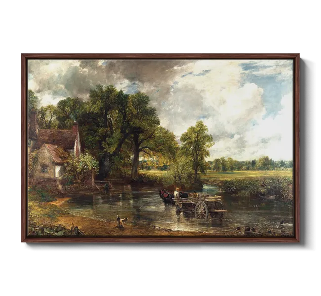 horses pulling wagon through a pond surrounded by trees and a rustic house