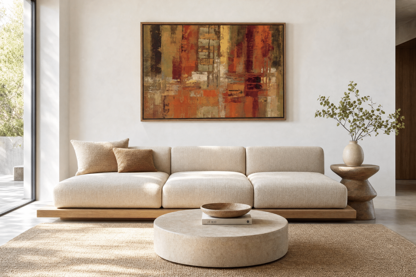 art style - abstract art hanging above couch in minimalist living room