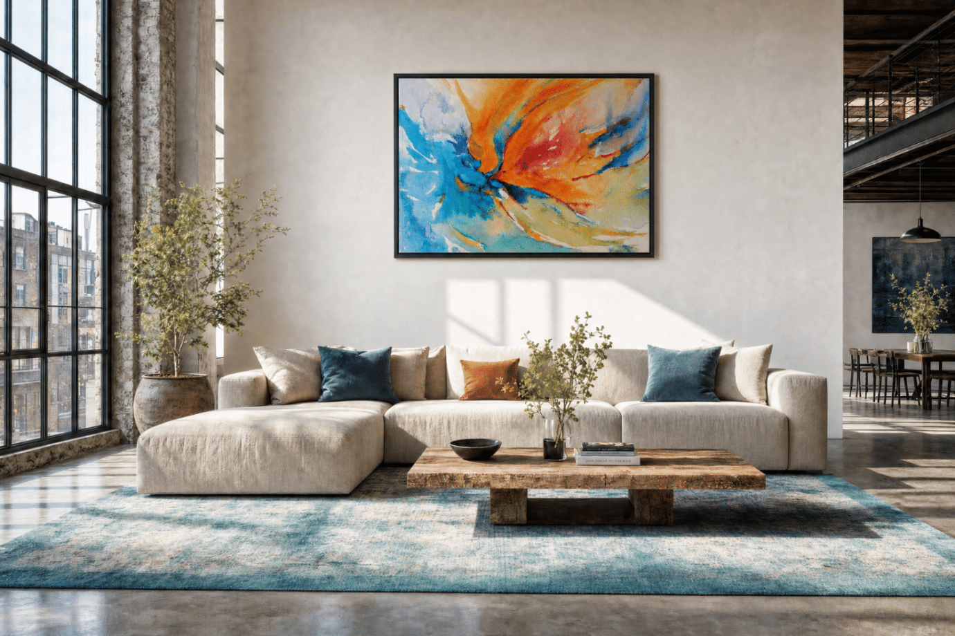 colorful abstract artwork hanging above couch in industial style living room