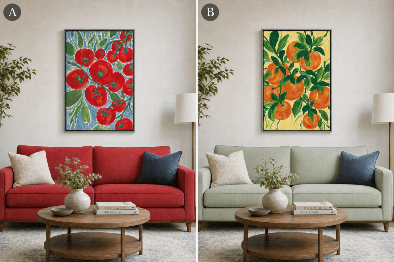 does wall art need to match furniture - comparison grid of artwork in living rooms