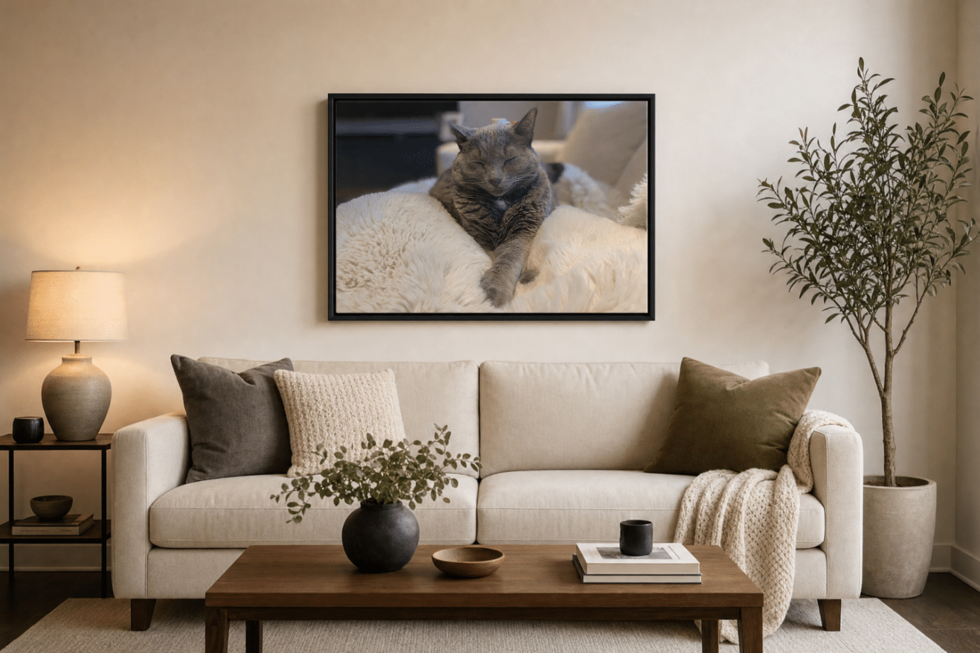 custom art of cat hanging above couch