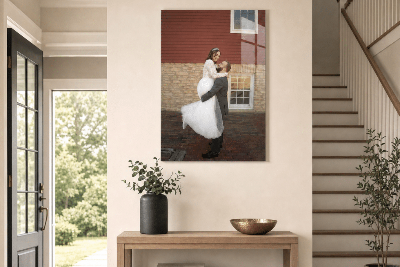 custom art of wedding photo hanging in entryway