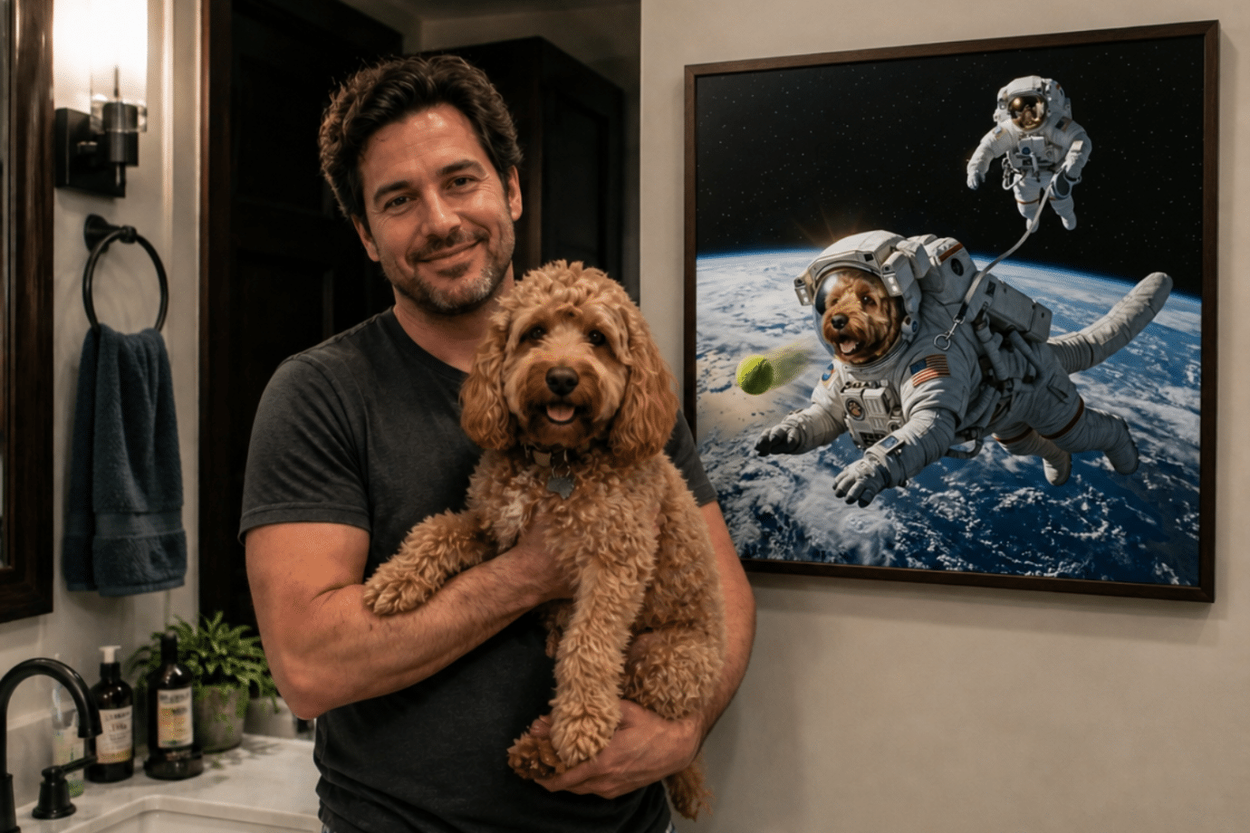 man holding a golden doodle dog next to artwork of the dog in a space suit