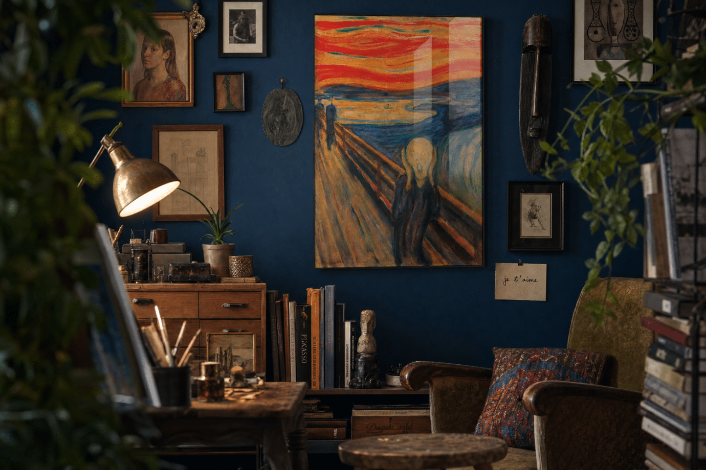 expressionism artwork in blue office room