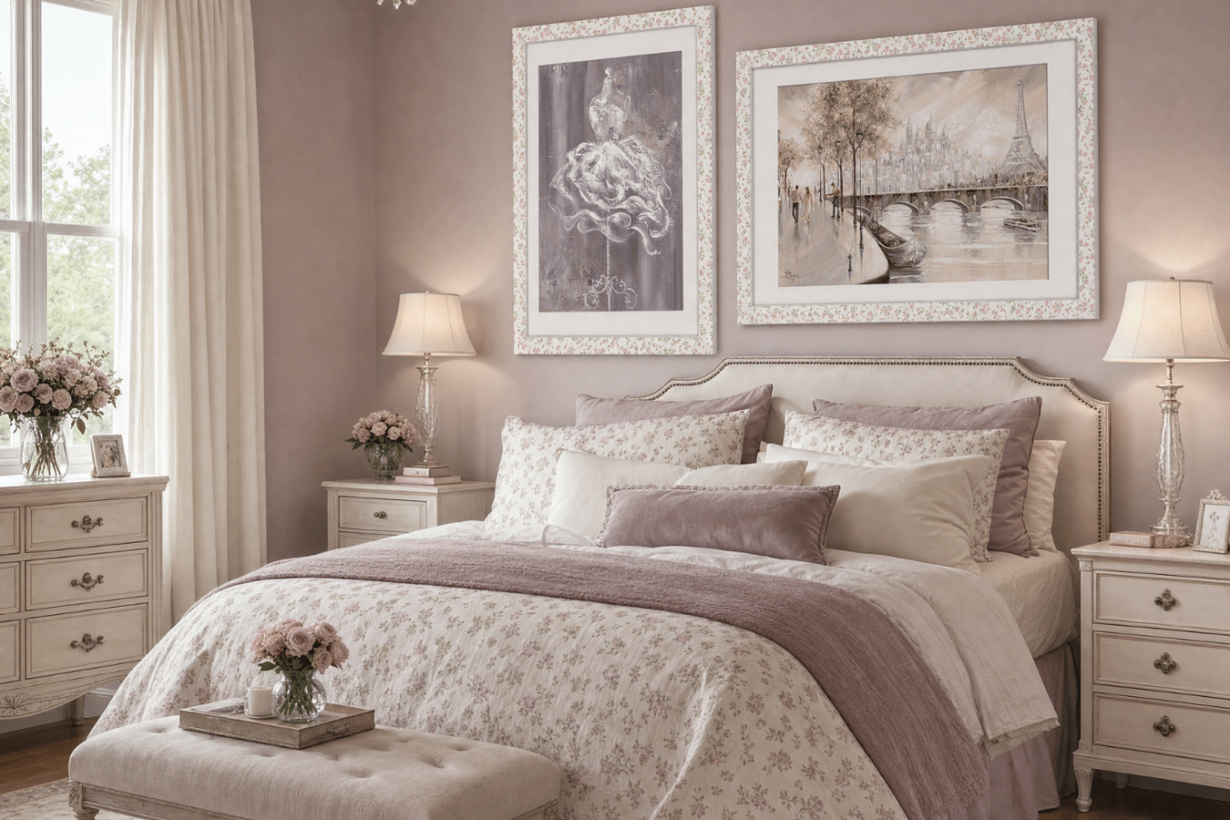 artworks in floral bedroom