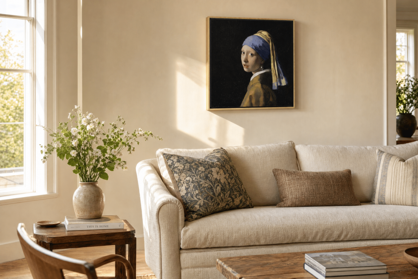 girl with pearl earring painting hanging above couch