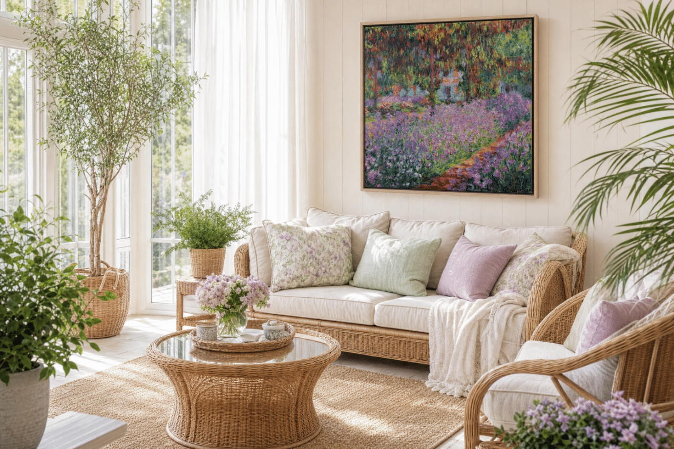 colorful flower field artwork in natural lit sitting room