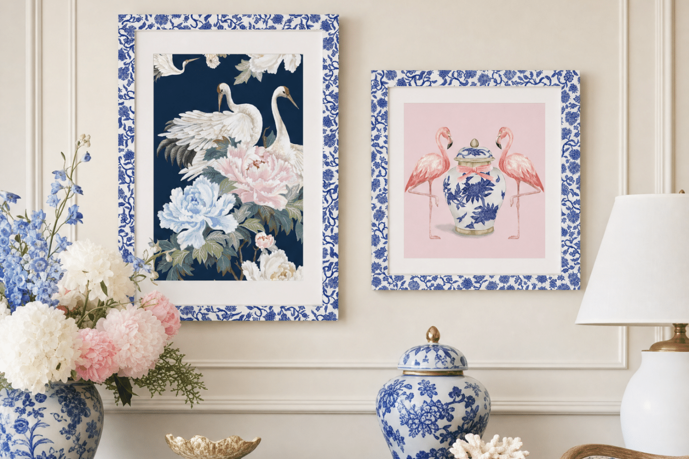bird art in chinoiserie frames