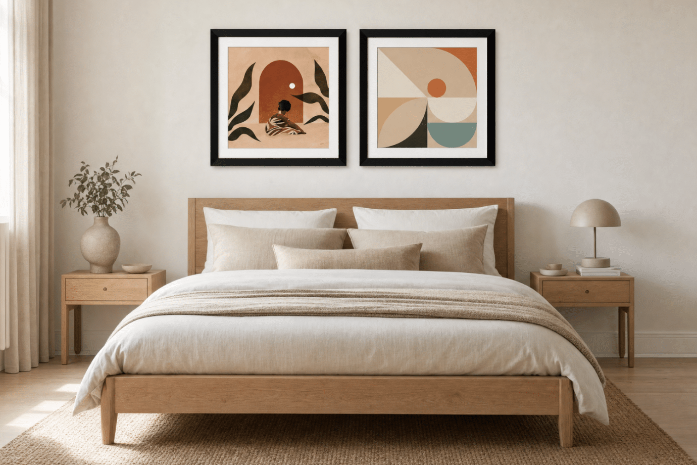 minimalist artwork style above bed