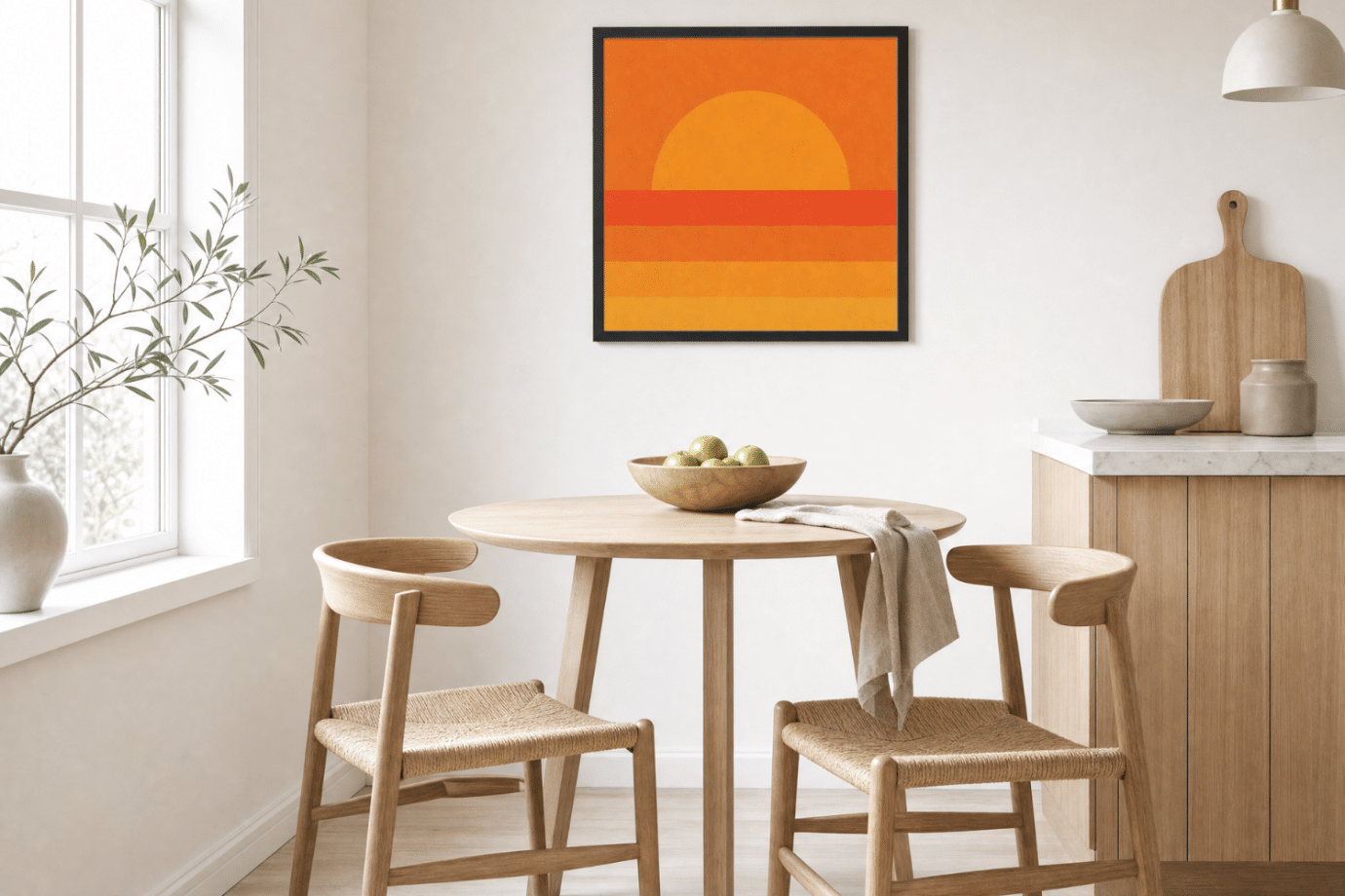bold abstract artwork in neutral kitchen