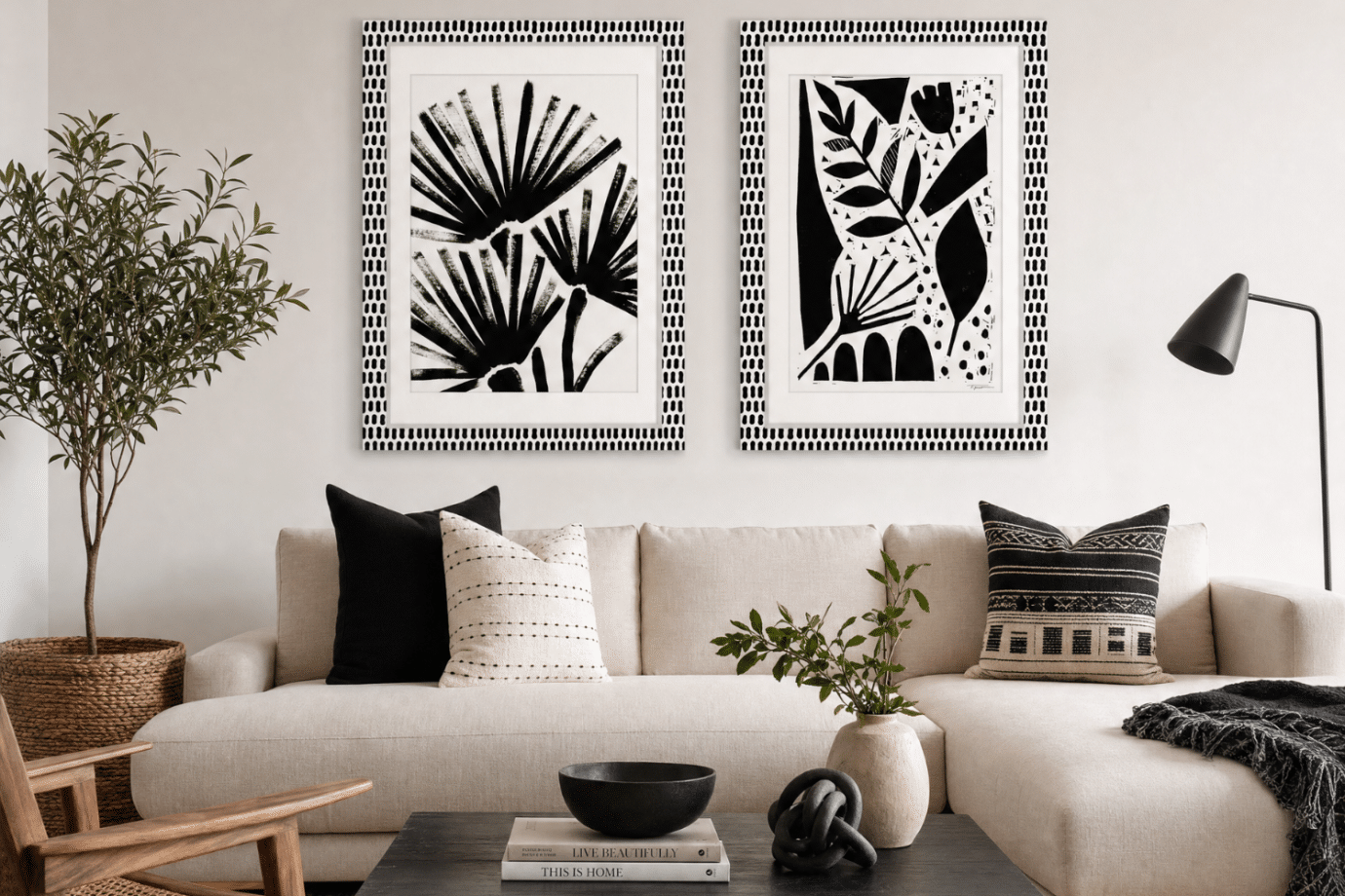 black and white botanical art in black and white patterned frames