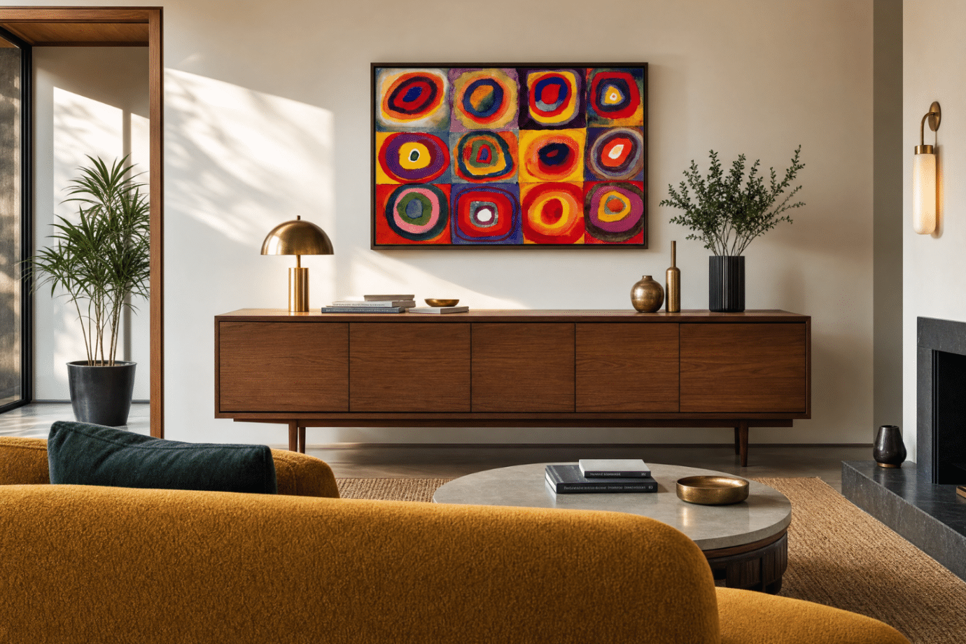 colorful geometric circle artwork hanging in living room