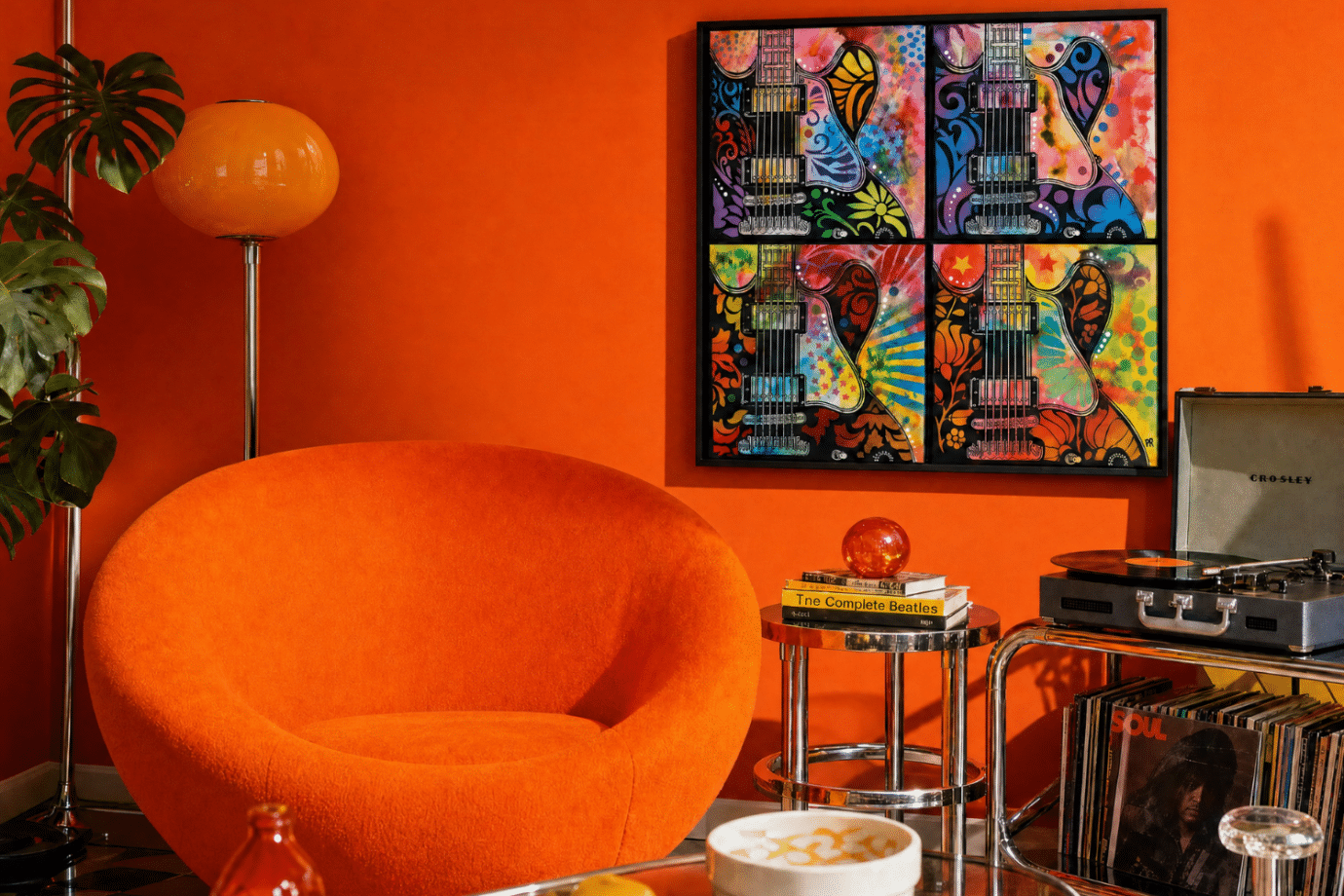 colorful guitar pop art in orange room