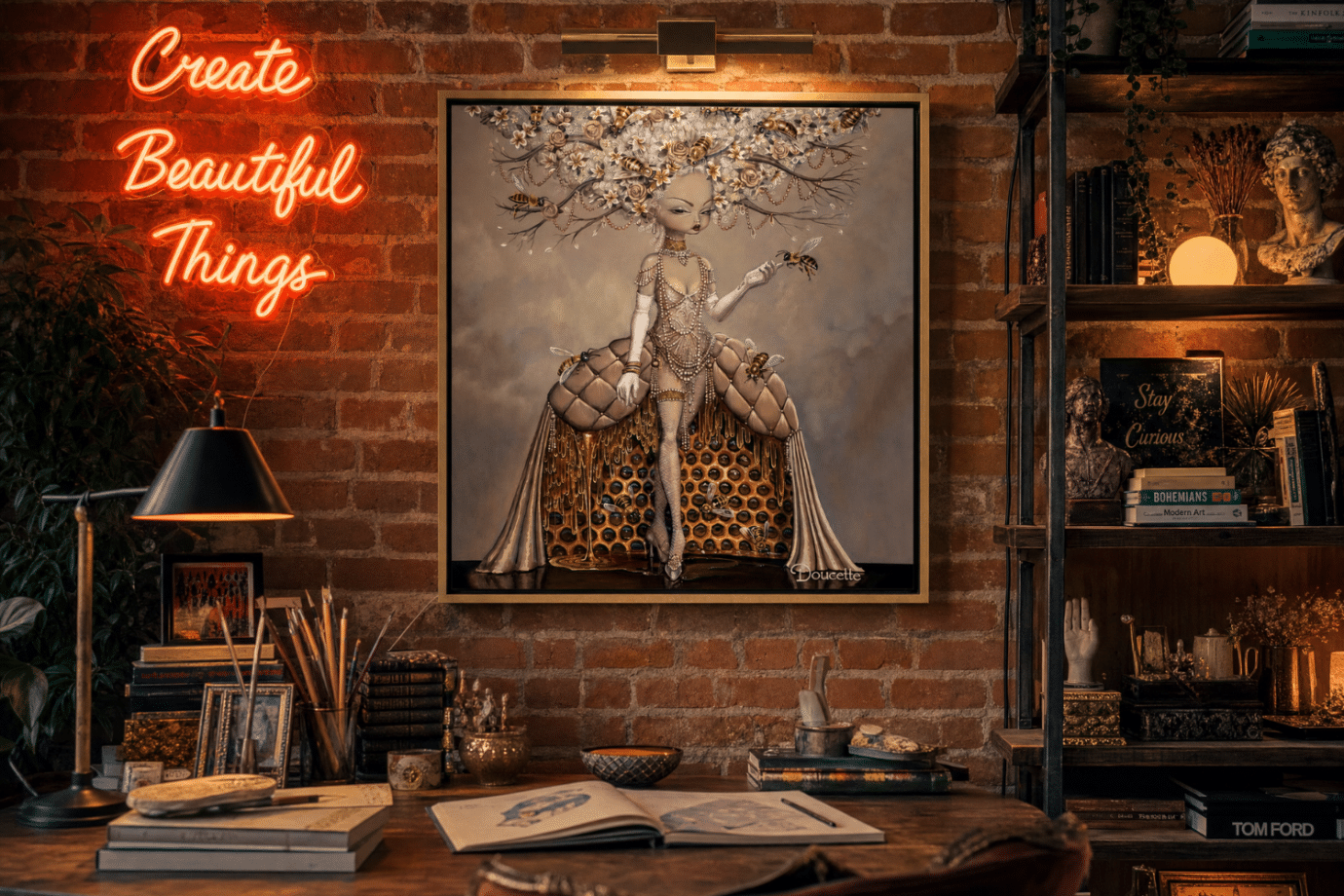 woman in honeycomb dress surreal art in brick wall office
