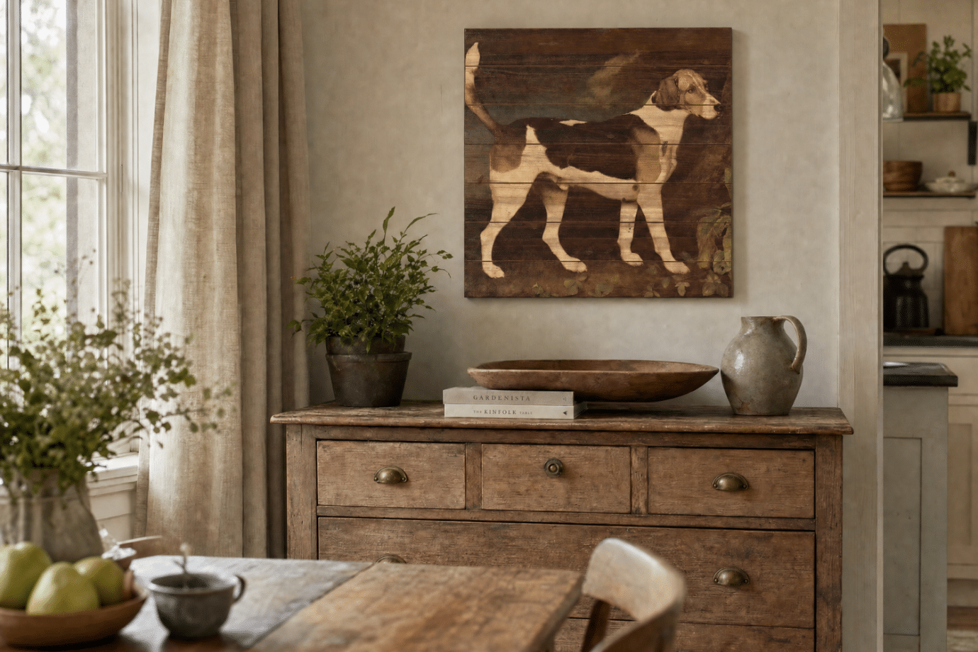 art style - wood dog artwork hanging in dining room