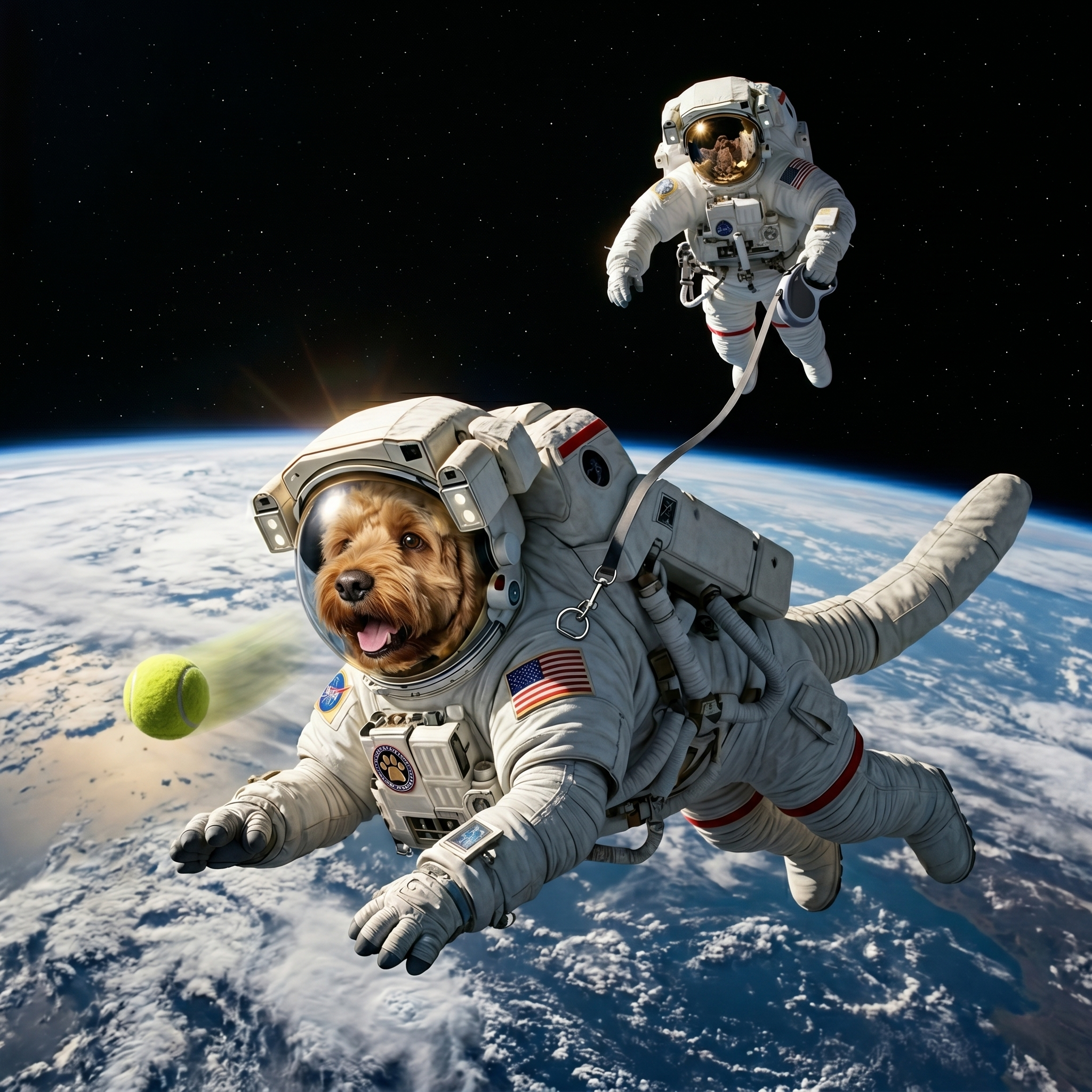 dog in space suit chasing tennis ball