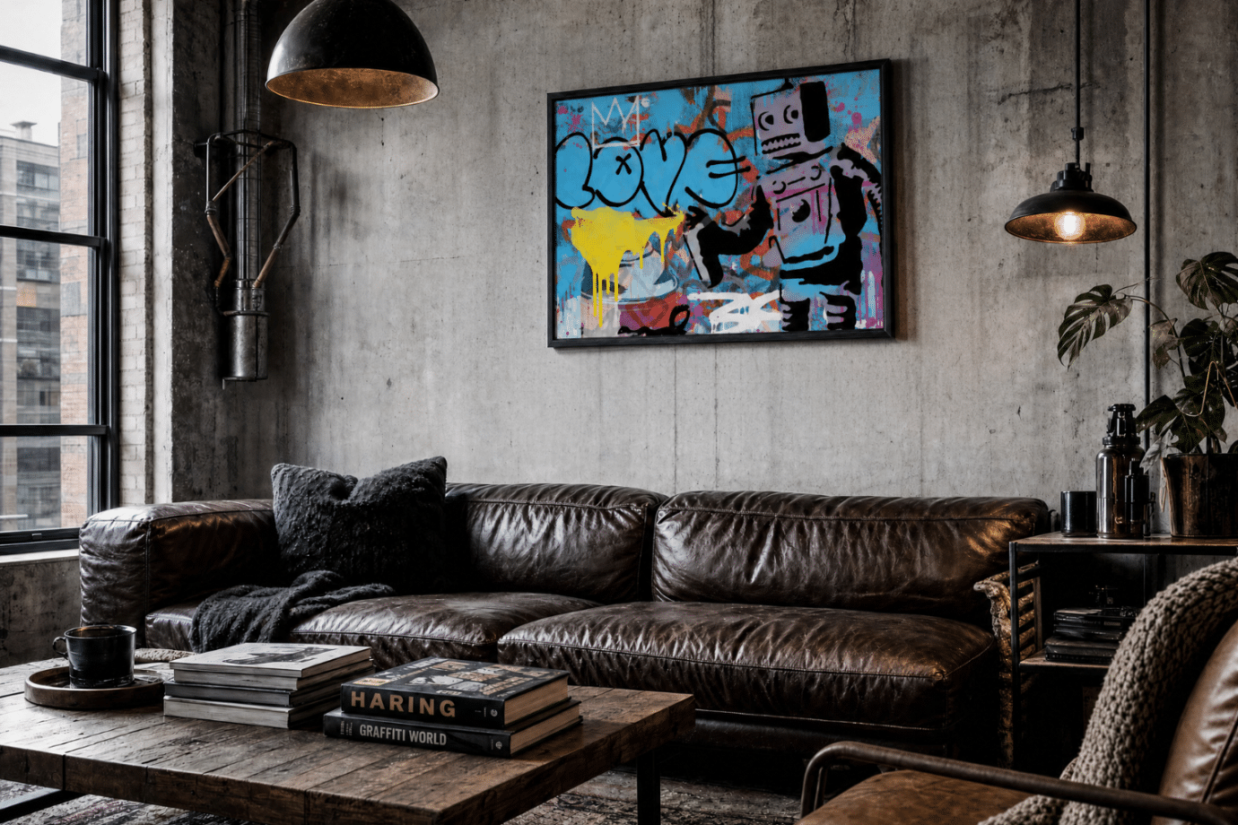 street art painting above couch